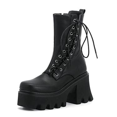 Imagem de Botas femininas plataforma com cadarço no tornozelo botas de combate punk de salto alto góticas para motocicleta,Black,3 UK/36 EU