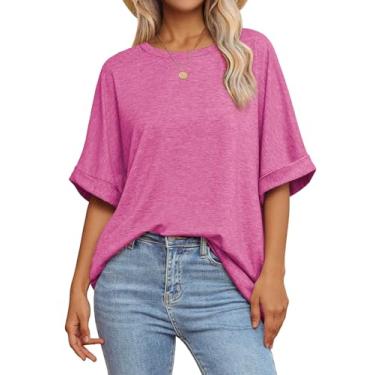 Imagem de ATHMILE Camisetas femininas grandes folgadas gola redonda manga curta verão casual blusa 2024 Y2K, Vermelho rosa, 3G