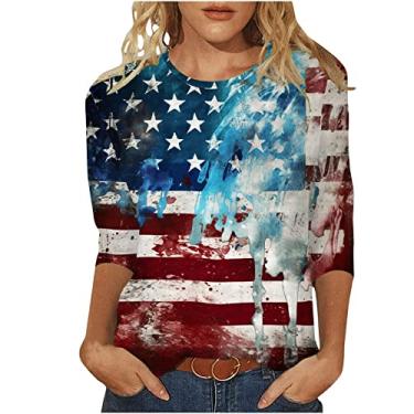 Imagem de Camisetas femininas 4th of July 4th of July Shirts Star Stripes 3/4 Sleeve American Flag Shirt Summer Fashion 2024, 4 - Azul, G