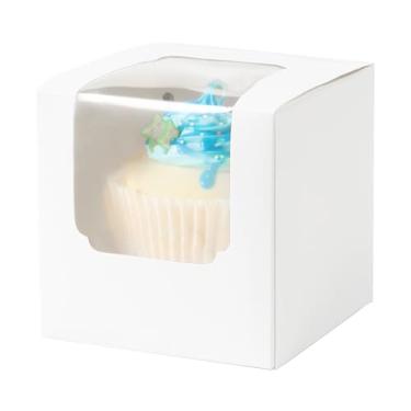 Imagem de ihomecooker 25 caixas de presente individuais para cupcakes brancos com alça de inserção de janela para caixas de doces de casamento (25P-branco)