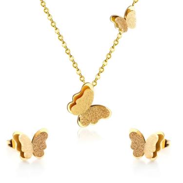 Imagem de Colar Feminino + Brincos Borboleta Caitlyn Banhado Ouro 18k