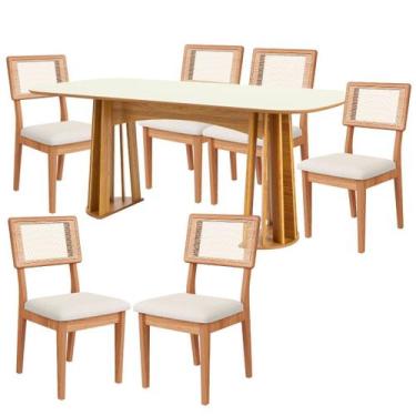Imagem de Kit Mesa de Jantar Retangular Base Ripado Freijó com 6 Cadeiras Estofa
