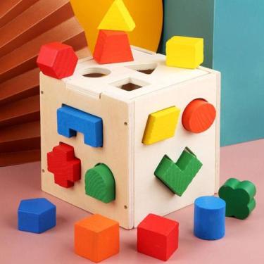 Imagem de Cubo Didático MDF Encaixe Formas Geométricas Educativo - VMP