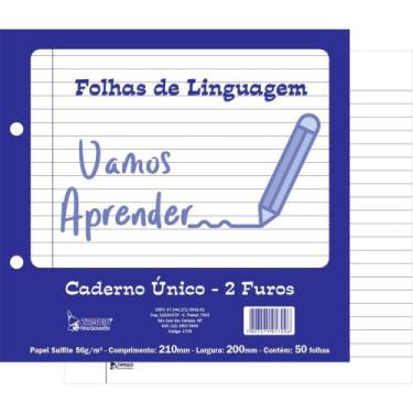 Imagem de Folha 2 Furos Linguagem para Caderno único - 50 Folhas - Pacote com 5 