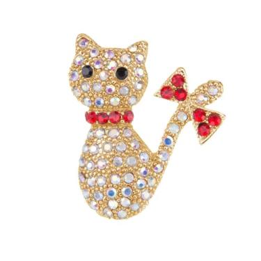 Imagem de Broche de strass com laço vermelho fofo para mulheres meninas engraçado cristal brilhante animal gatinho broches lapela vestido roupas chapéu bolsa acessórios presentes para Natal Bff filha Ano Novo