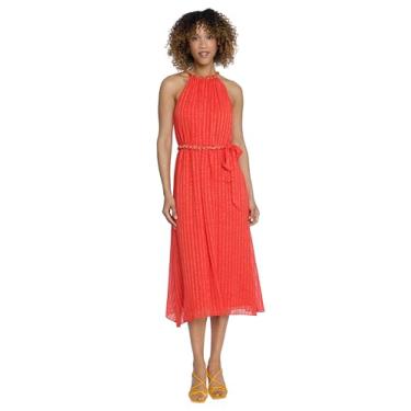 Imagem de Maggy London Saia rodada midi frente única com cinto de contas, vestidos de coquetel para mulheres, Vermelho fogo, 42