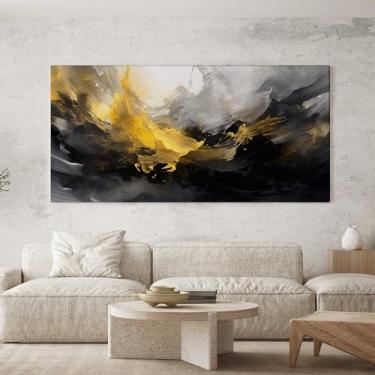 Imagem de Quadro Decorativo para Sala Quarto Hall 100x50 Arte Abstrata Preto e Amarelo Horizontal Grande Decoração Parede Tela