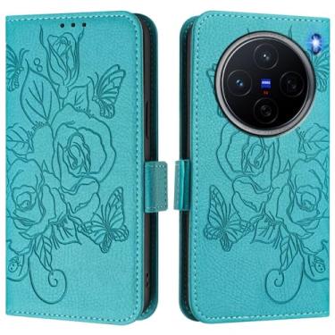 Imagem de Capa carteira rosa e borboleta em relevo para vivo X200 Pro, [bloqueio RFID] [suporta carregamento sem fio] 3 compartimentos para cartão e 1 compartimento para dinheiro, capa flip com fivela magnética