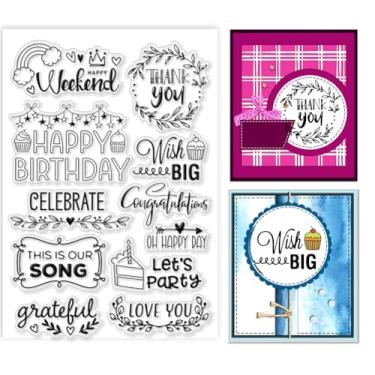 Imagem de PH PandaHall Carimbo de borracha "Words Clear Stamps" Happy Birthday Carimbo de silicone "Thank You" Celebrate Transparent Stamp Blessing Words Seal Stamps for Holiday Card Making DIY Craft Gift Tags