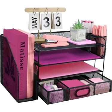 Imagem de ideallife Organizadores de mesa e acessórios com suporte de arquivo, organizador de bandeja de papel de 4 camadas com gaveta e 2 porta-canetas, organizador de documentos de mesa de malha para material