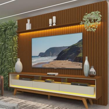 Imagem de Rack com Painel Ripado para Tv até 85 Polegadas Led 3 Gavetas com Pés 230cm Nobre