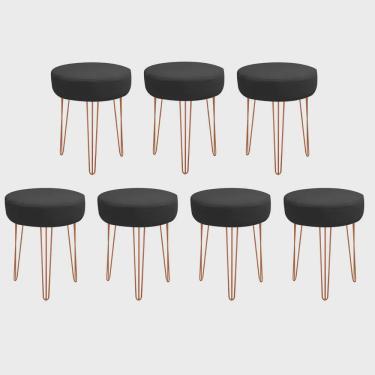 Imagem de Kit 07 Banquetas Puff Jullia Luxo 55cm Industrial Ferro Bronze Corino Preto - Ahazzo Móveis