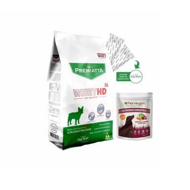 Imagem de Kit Ração Premiatta Whey HD 31 Cães Ad Pequenas (3kg) + Bifinho Pet Vegan Vegetais (300g)