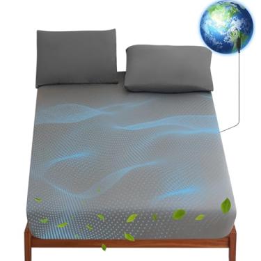 Imagem de Lençóis King com 95% algodão orgânico + 5% fibra de prata pura lençol com elástico para terapia de sono saudável conectado à terra com cordão de aterramento longo (King 198 x 203 cm x 38 cm cinza)