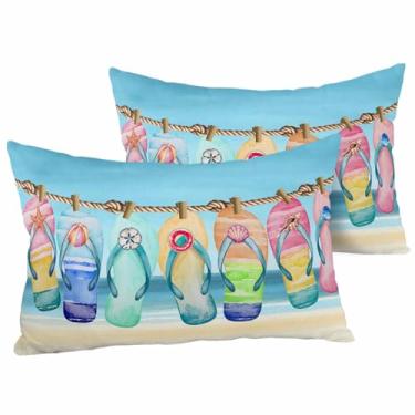 Imagem de EwdeWwo Capas de almofada impermeáveis de verão ao ar livre 50 x 30 cm, conjunto de 2, chinelos de praia com céu de praia, fronhas quadradas, decorativas para pátio, móveis, sofá, varanda, jardim