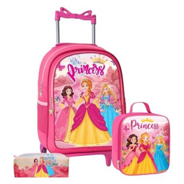 Imagem de Kit Mochila de Rodinha Escolar Infantil Menina e Menino + Lancheira + Estojo Grande Box Necessaire (Princesa)
