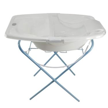 Imagem de BANHEIRA PARA BEBÊ 25 LITROS COM VÁLVULA SUPORTE E REDE ROSA AZUL BRANCA (Branco + Suporte Azul)