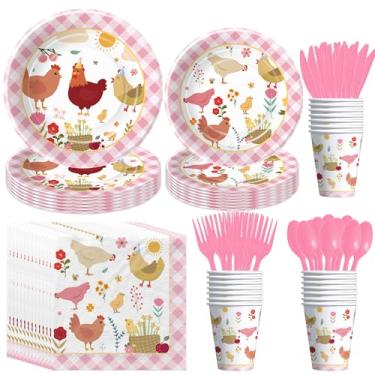 Imagem de Suhelkit Utensílios de mesa para decoração de festa de aniversário de frango, suprimentos de festa de aniversário de animais de fazenda, prato, copo, guardanapo, talheres, artigos de festa com tema de