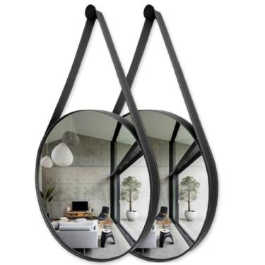 Imagem de Kit 2 Espelhos Decorativos Adnet Redondo 23cm Com Alça de Couro + Suporte Pendurador Preto (Preto)