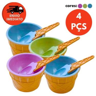 Imagem de Kit Tigela Pote Potinho E Colher Formato Casquinha Plástico Colorido S