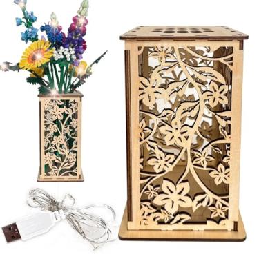 Imagem de Vaso de madeira para flores Lego, suporte de exibição para flor Lego, vaso de escultura artística legal com padrão de flor oco, presente para amantes de flores (madeira)
