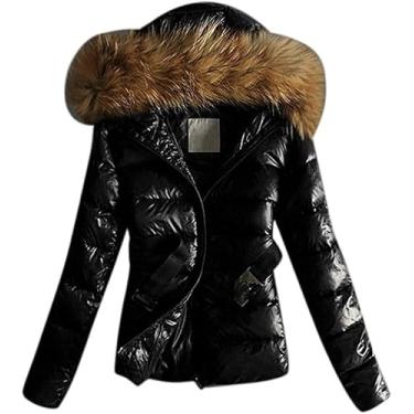 Imagem de Mulheres Casaco Quente Outwear Acolchoado Casacos De Inverno Gola De Pele Com Capuz Jaqueta Longa Tops Com Cinto, Black, XXL