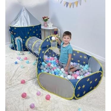 Imagem de Barraca Infantil Azul 3 em 1 com Túnel e Piscina de Bolinhas + Cesta de Basquete – Dobrável, Portátil e Divertida para Crianças(Obs.Bolinhas Vendidas Separadamente)