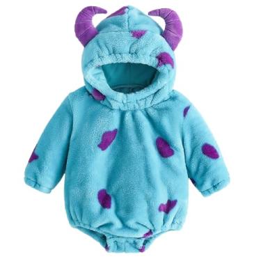Imagem de Roupas de bebê de Halloween para meninas, meninos, animais, felpudo, quente, com zíper, macaquinho divertido para cosplay de carnaval, Macaquinho Monstro Azul, 6-9 Meses