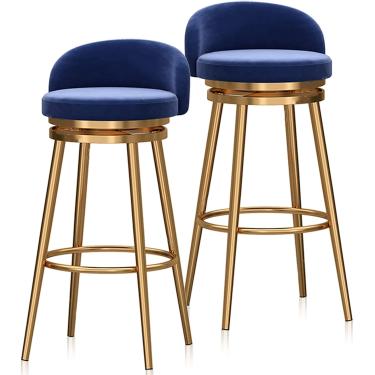 Imagem de Conjunto De 2 Banquetas Giratórias Modernas Estofadas Em Veludo Com Encosto, Apoio Para Os Pés Bancos Redondos Para Casa De Pub, Blue, Gold