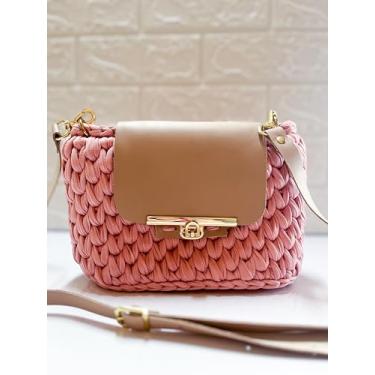 Imagem de Bolsa Feminina de Crochê Cris Rosé com Alça Transversal,Detalhe em Metal Dourado