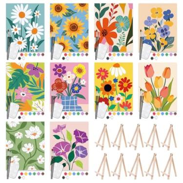 Imagem de Nuberlic 10 pacotes de kits de pintura em tela pré-desenhados 20 x 25 cm para crianças e adultos com design de telas esboçadas florais para pintura, suprimentos de festa com cavaletes conjunto de