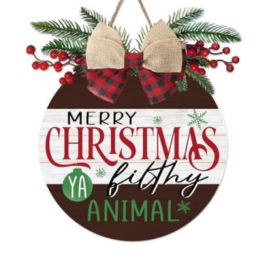 Imagem de Bolisom Placa de porta da frente Merry Christmas Ya Filthy Animal, bola de Natal, cabide de madeira, para uso externo, varanda, decoração de casa, guirlanda de madeira com laço xadrez, decoração