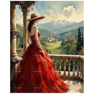 Imagem de Elegante kit de pintura feminina por números para adultos - DIY Lady in Red Dress on Balcony Painting on Canvas 40,6 x 50,8 cm, conjunto de tinta acrílica, adequado para iniciantes, arte para