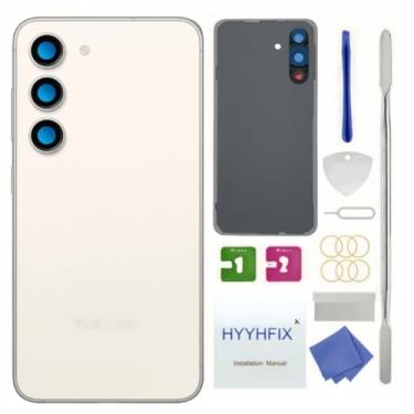 Imagem de HYYHFIX Substituição de vidro traseiro Galaxy S23 para Samsung Galaxy S23 capa traseira à prova d'água e lente de câmera + kit de ferramentas de reparo profissional (creme)