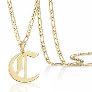 Imagem de Colar masculino com pingente de inicial banhado a ouro 14k Beleco – Colar com letra A-Z com corrente fígaro, joia com pingente de alfabeto de ouro personalizado em inglês antigo, Medium, Banhado a