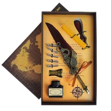 Imagem de Kit Caneta Tinteiro Pena Marrom Com Engrenagens E Carimbo