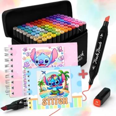 Imagem de Kit Livro de Colorir Stitch Capa Dura 50 Páginas + Estojo de Canetinhas Touch 60 Cores Canetas Ponta Dupla Para Colorir Desenhos Folha Grossa (Azul)