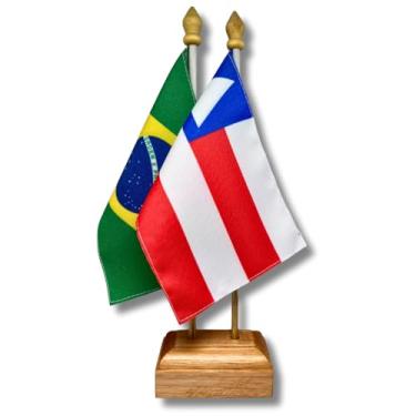 Imagem de Kit Bandeira de Mesa Brasil e Bahia Dupla Face Com Base e Haste em Madeira Decoração Escritório Eventos Presente