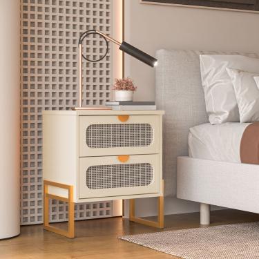 Imagem de Mesa De Cabeceira Titanium Estilo Industrial Com Pés De Ferro - Off White / Dourado