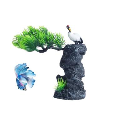 Imagem de RUIAN Ornamento de aquário de pedra de guindaste coroado vermelho na vista - decoração de rocha cinza natural com plantas artificiais para paisagem de aquário de peixes Betta (árvore)