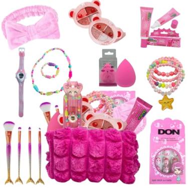 Imagem de Kit Infantil de Beleza e Moda, 10 Peças, Rosa, com Faixa de Cabelo, Pincéis de Maquiagem, Esponja, Adesivos de Unha, Pulseiras e Acessórios