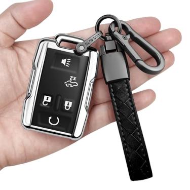 Imagem de Sindeda Capa para chaveiro Chevrolet com chaveiro, capa macia de proteção total compatível com Colorado Silverado Suburban Tahoe GMC Canyon Sierra 1500 2500 3500 HD 5 botões (prata)