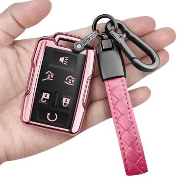 Imagem de Sindeda Capa para Chevrolet Key Fob com chaveiro capa macia de proteção total compatível com Colorado Silverado Suburban Tahoe GMC Canyon Sierra 1500 2500 3500 HD 6 botões (rosa)