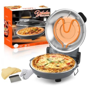 Imagem de YIBAKE Forno elétrico de pizza de 30,5 cm – Máquina de pizza de bancada com pedra cerâmica, aquece até 426 °C, forno portátil de pizza interno para pizzas caseiras, cinza