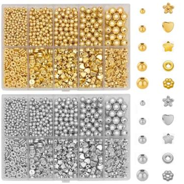 Imagem de Conjunto de 2920 peças de contas espaçadoras redondas prateadas e douradas 3/4/5/6/8 mm, 5 tamanhos e 5 estilos, prata e contas espaçadoras douradas para pulseiras, joias, colar, brincos, suprimentos