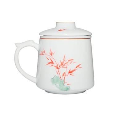 Imagem de GRFIT Caneca de cerâmica branca pintada à mão caneca de grande capacidade 375 ml xícara de chá com tampa e tela de filtro caneca de café