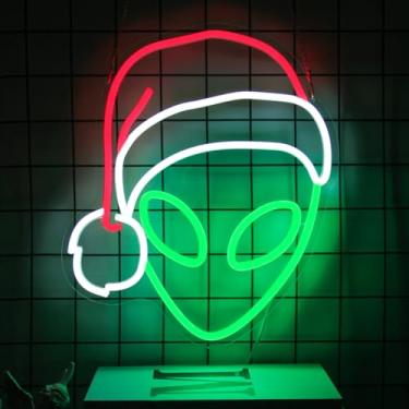 Imagem de Sinal de neon alienígena de Natal, sinal de neon, verde, vermelho, LED, chapéu de Natal, sinais de néon para decoração de parede, chapéu de Papai Noel, luzes de néon para decoração de quarto, luz de parede de néon para festa de Natal, decoração de véspera de Natal