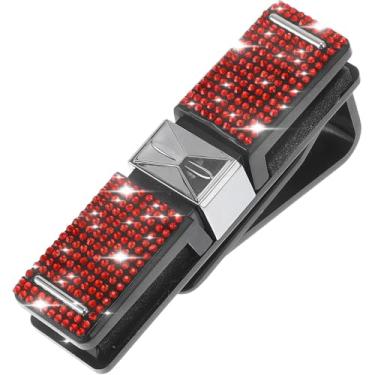 Imagem de Suporte de óculos de sol de strass de cristal brilhante para óculos de sol de carro, suporte de montagem de óculos de couro PU, clipes organizadores de óculos, decoração de cristal clipe de cartão de