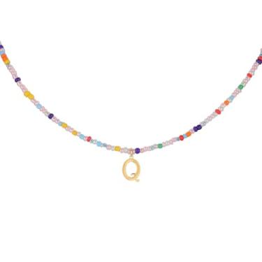 Imagem de Colar colorido com contas iniciais, colares de verão para mulheres colar com pingente de letra boêmio com contas colar gargantilha artesanal joias presentes (Q), M, Aço inoxidável, Sem Pedra Preciosa