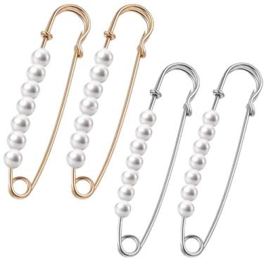 Imagem de Pacote com 4 broches de ouro e prata, clipes de suéter de pérolas de cristal falso, alfinetes de segurança decorativos para vestido de xaile, Standard, Liga de aço, Sem Pedra Preciosa